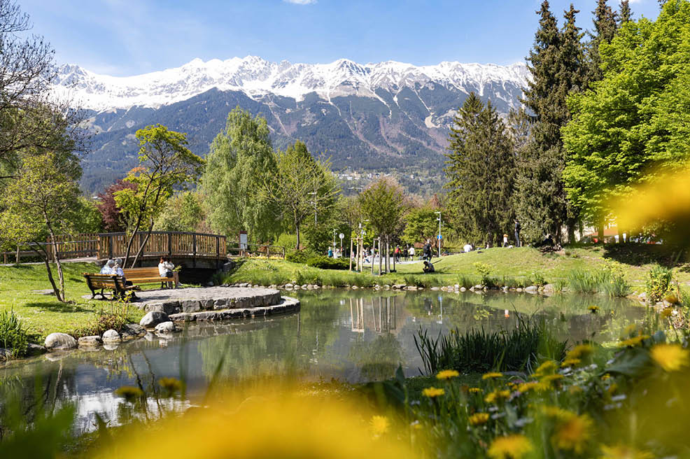 A park with a pond and a bridge. People are sitting on the bridge and enjoying the view. There are also people sitting on the grass near the pond. AI generated content