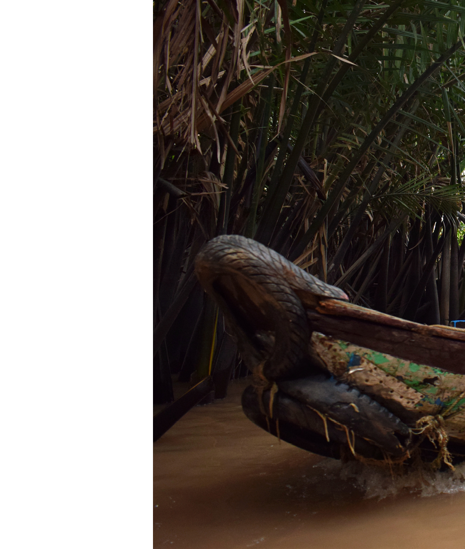 A boat with a blue and yellow canopy is traveling down a river. AI generated content