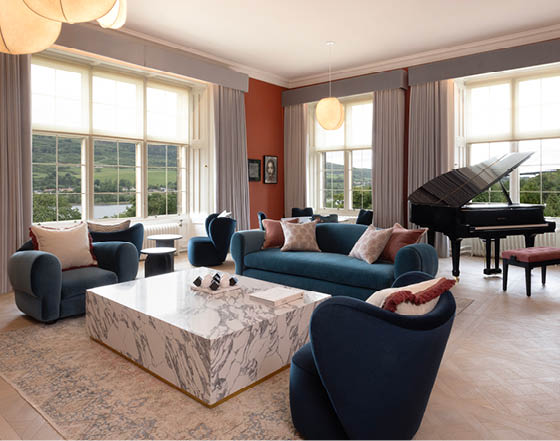 A living room with a piano, couch, and chairs. AI generated content