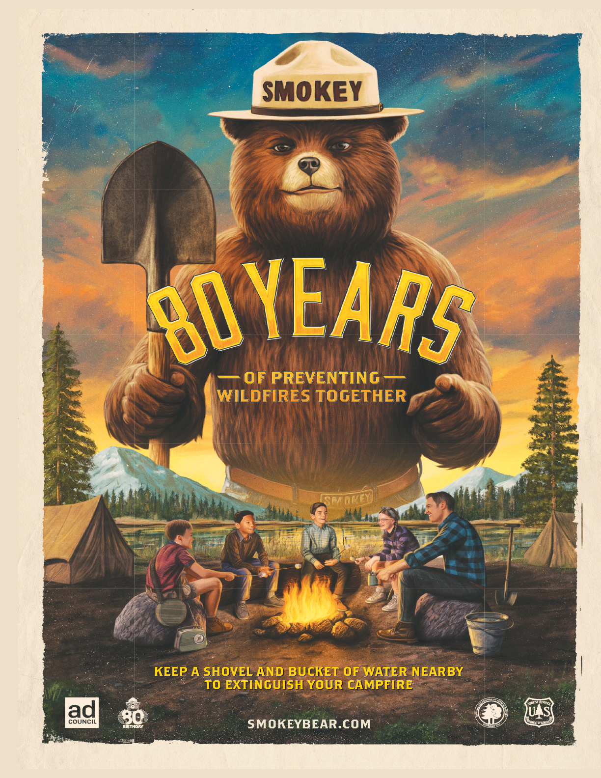 A poster advertising Smokey the Bear's 80th anniversary. AI generated content