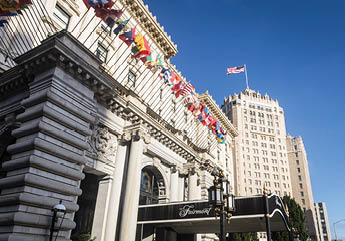 San Francisco, USA - June 29, 2017: An exterior view of the luxury Fairmont hotel on Nob Hill in San Francisco  The building is a city famous landmark 