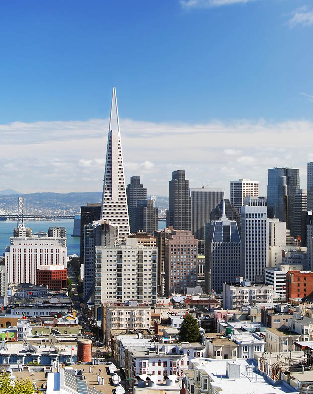 A photo of San Francisco skyline looking eastward from the Russian Hill area. This is a seamlessly stiched panoramic shot with a lot of sharp detail. Most of the famous landmarks are in this shot: Bay Bridge, Transamerica building, BofA Building, Coit Tower etc. Yerba Buena island and East Bay / Oakland is in the background.