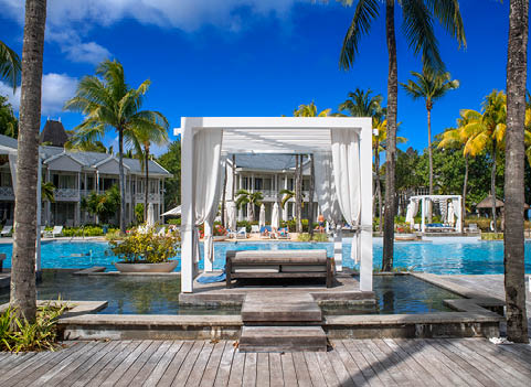 Main pool of the Heritage le Telfair luxury five stars hotel in the south of Mauritius in Bel Ombre beach, Mauritius island.