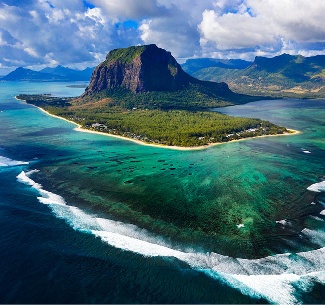 Aerial view of Le Morne Brabant, a UNESCO World Heritage Site in Mauritius, an island in the Indian Ocean off the coast of Africa