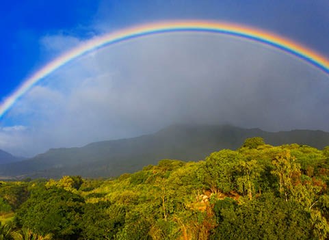Aerial panoramic of Le Pouce mountain with a rainbow, Moka Range, Port Louis, Mauritius, Africa