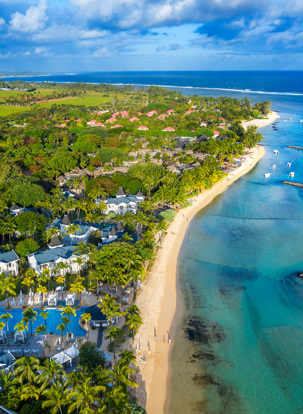 Aerial view Heritage le Telfair luxury five stars hotel in the south of Mauritius in Bel Ombre beach, Mauritius island.