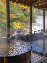 Japanese Hot Springs Onsen Natural Bath Surrounded by red-yellow leaves  In fall leaves fall in Fukushima, Japan 