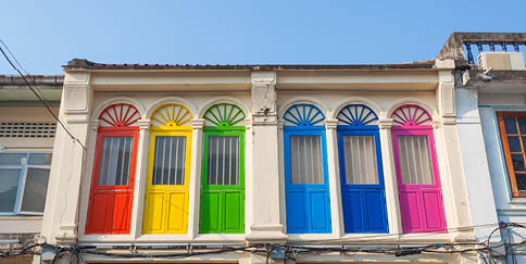 Colorful windows Sino-Portuguese style architecture at phuket
