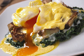 New Orleans traditional eggs sardou, louisiana food  with spinach cream, artichokes, poached eggs and hollandaise sauce