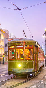 Streetcar in downtown New Orleans, USA at twilight