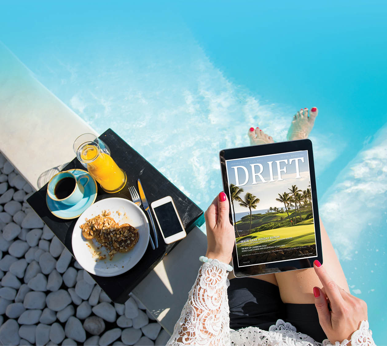 Woman reading emagazine on tablet computer.