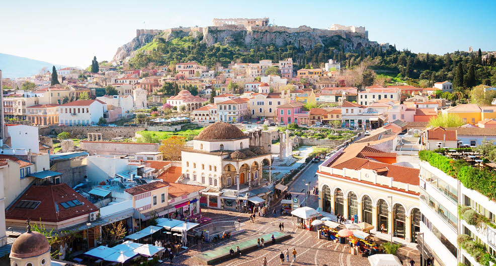 Skyline of Athenth with Moanstiraki square and Acropolis hill, Athens Greecer, retro toned