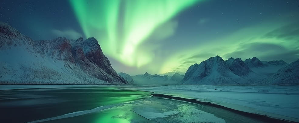 Green northern lights reflecting in a frozen lake surrounded by snowy mountains