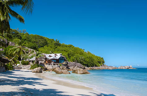 Mahe Seychelles, a tropical beach with palm trees, and a blue ocean at Mahe Seychelles. Anse Takamaka beach Mahe Seychelles
